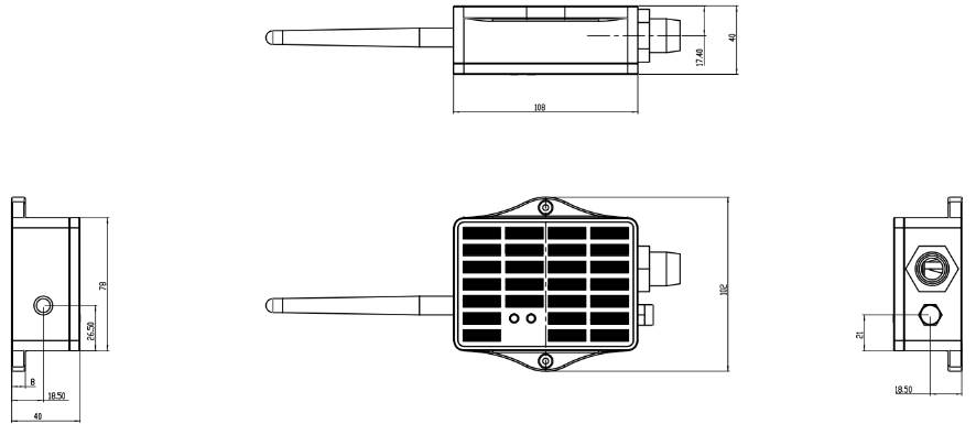 LMS01-MS solar enclosure dimensions, mounting points, and cable outlets