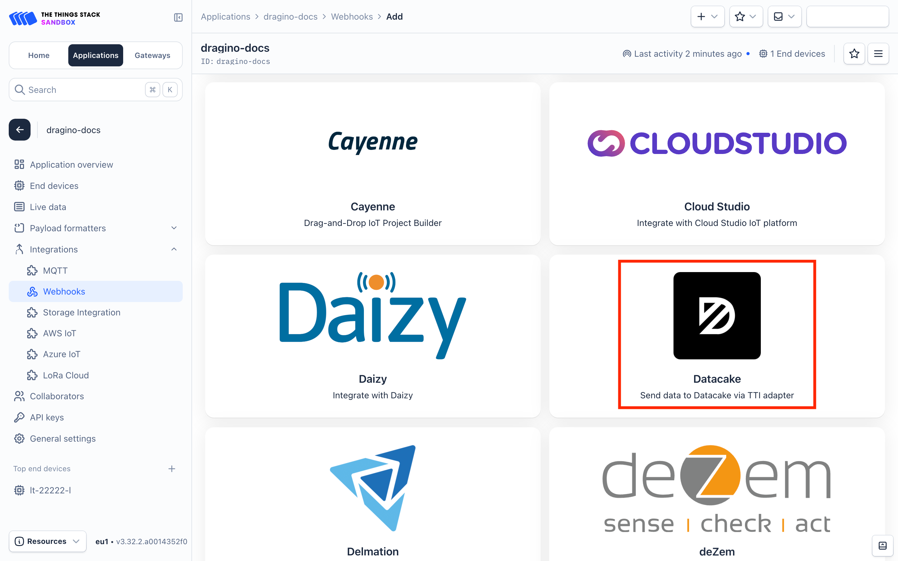 Choose Datacake webhook template